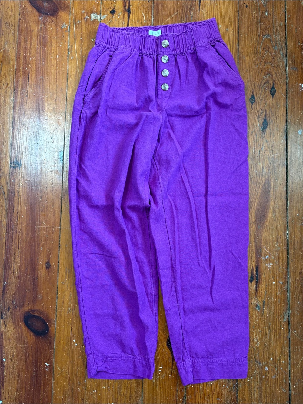LOFT Bright Purple Elastic Waist Linen Blend Joggers Button Front XS